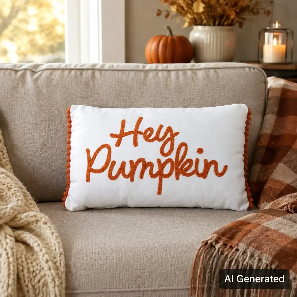 Target Bullseye Hey Pumpkin Fall Throw Pillow 15x10 Orange White Pom Trim Decor